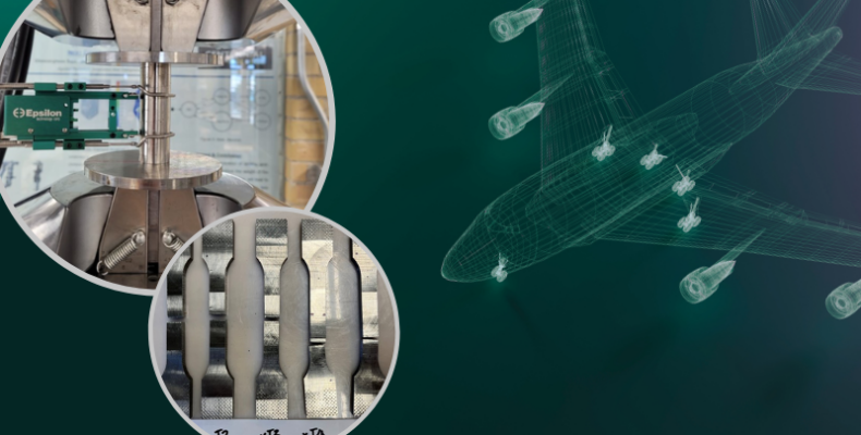 A compression specimen, 3D printed stainless-steel specimens being tested for aerospace applications, and an image of an airplane. Testing the 3D printed specimens is helping to redefine the future of aerospace engineering.